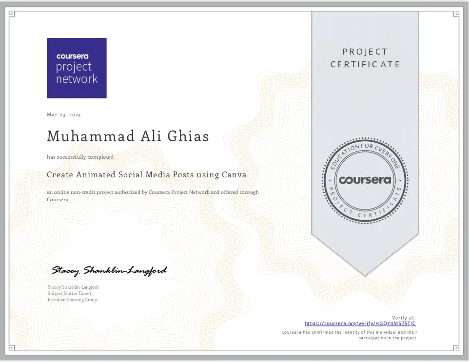 Create Animated Social Media Posts using Canva certificate