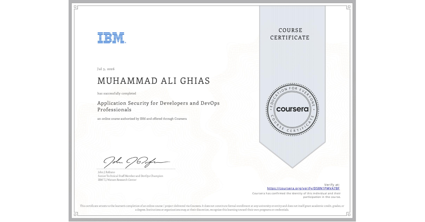 Application Security for Developers and DevOps Professionals certificate