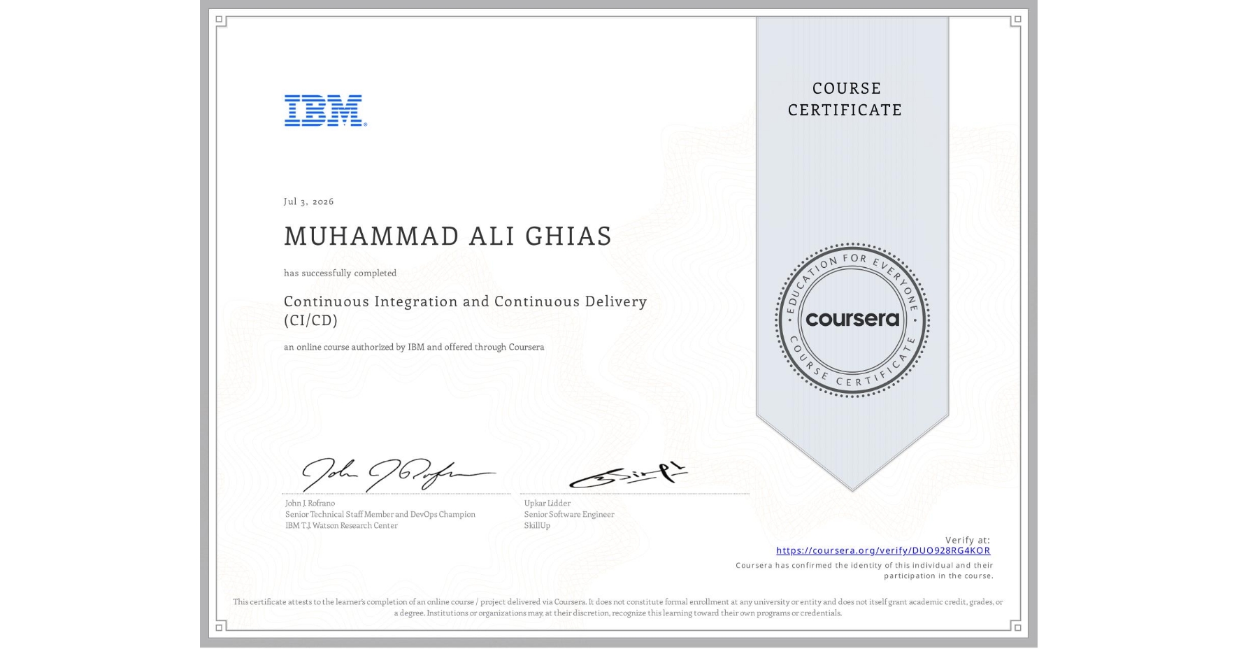 Continuous Integration and Continuous Delivery (CI/CD) certificate