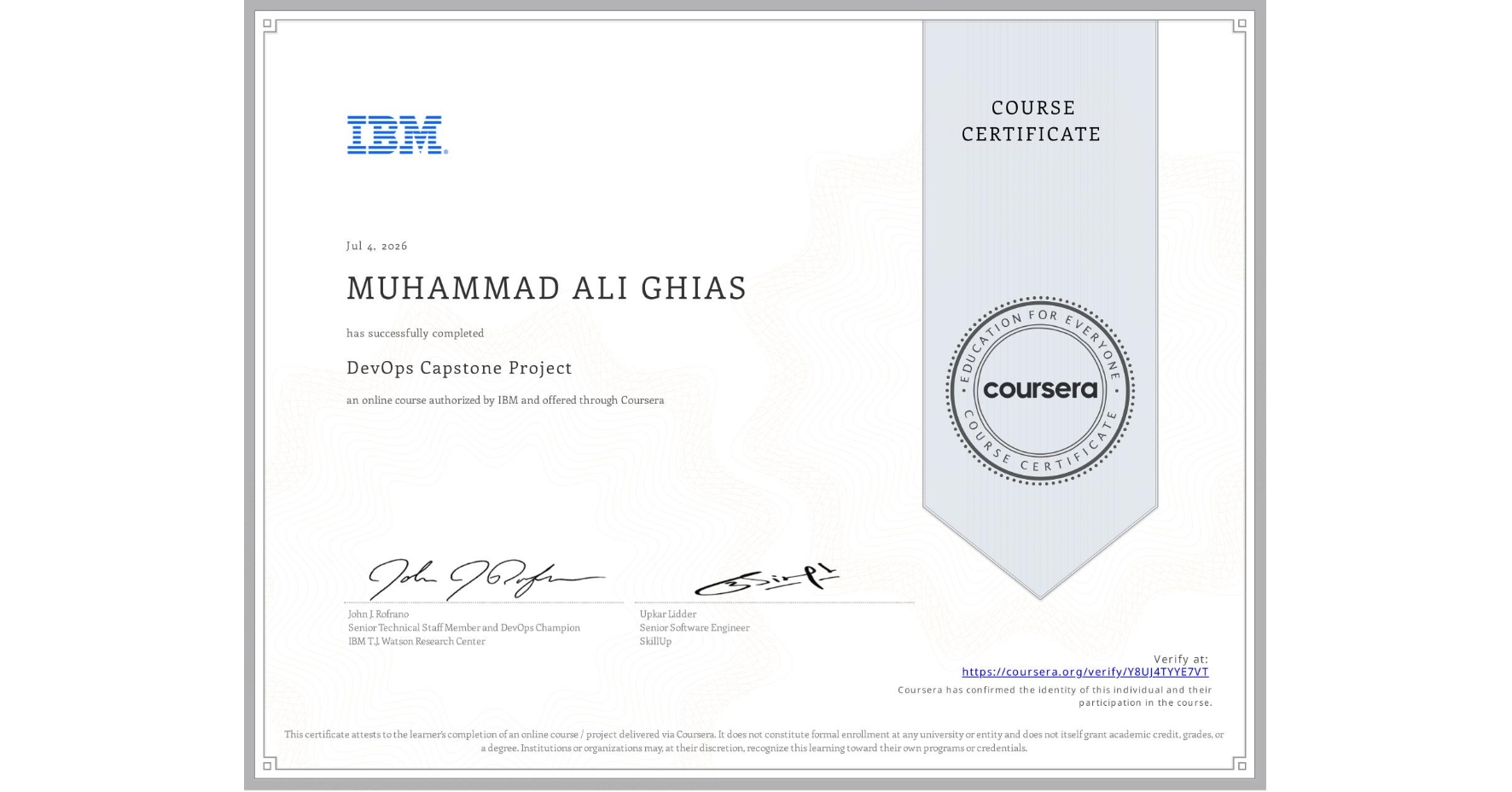 DevOps Capstone Project certificate