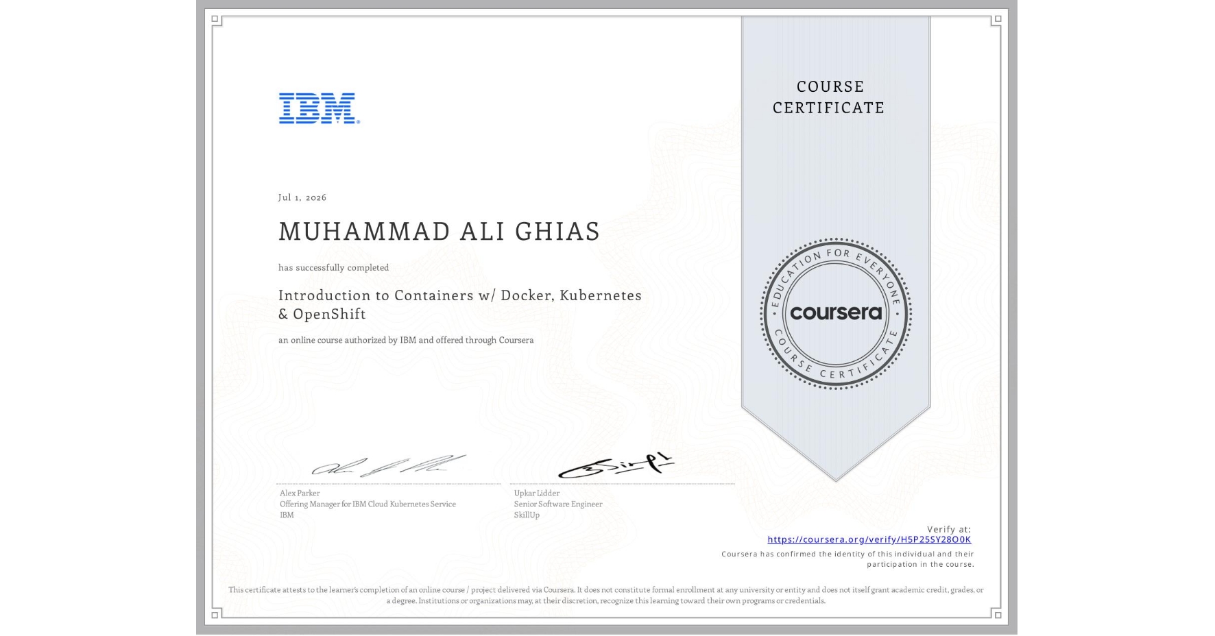 Introduction to Containers w/ Docker, Kubernetes & OpenShift certificate