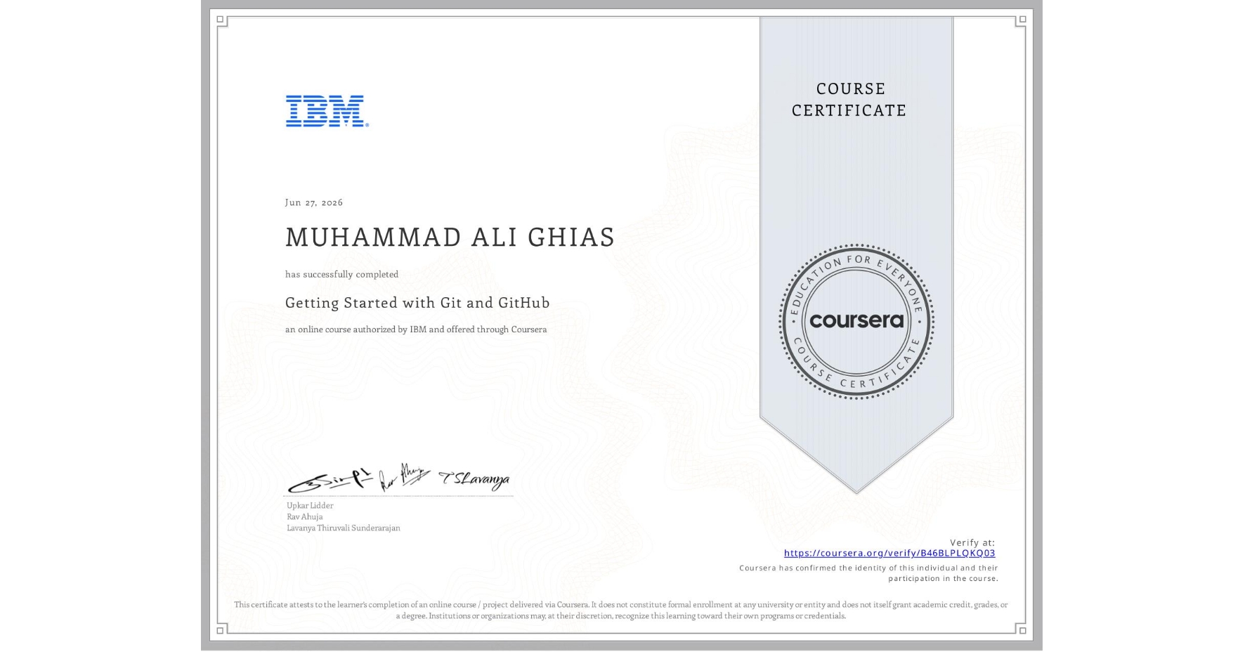 Getting Started with Git and GitHub certificate