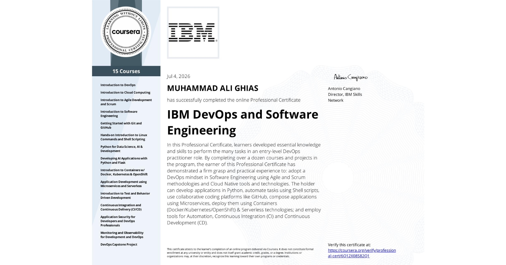IBM DevOps and Software Engineering certificate