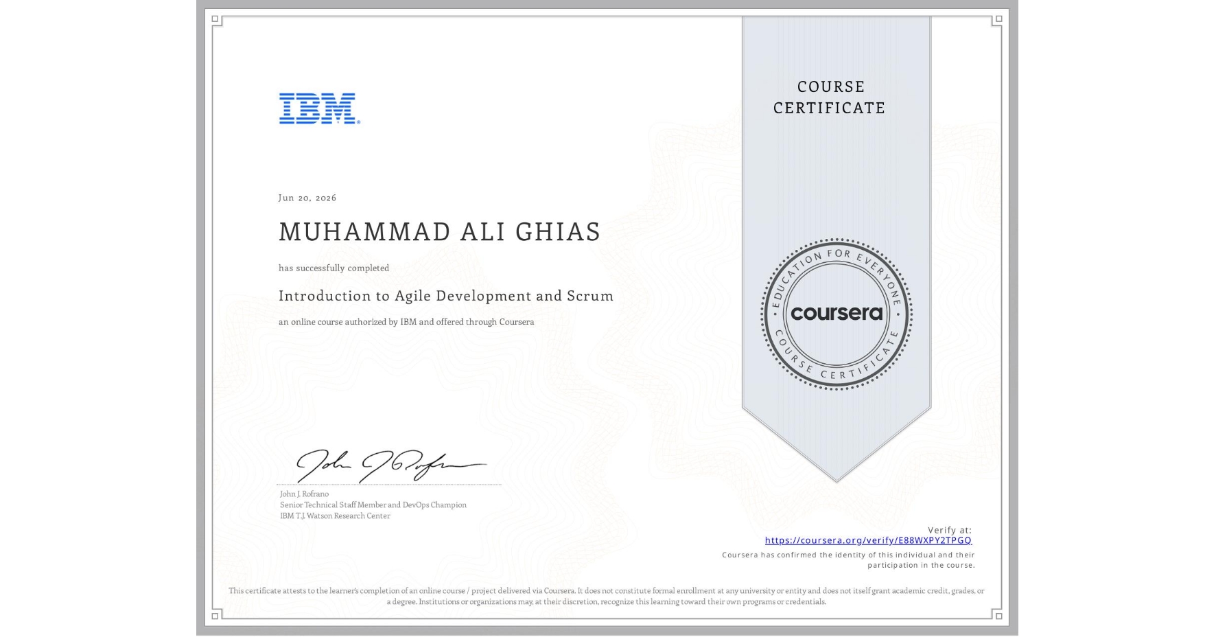 Introduction to Agile Development and Scrum certificate