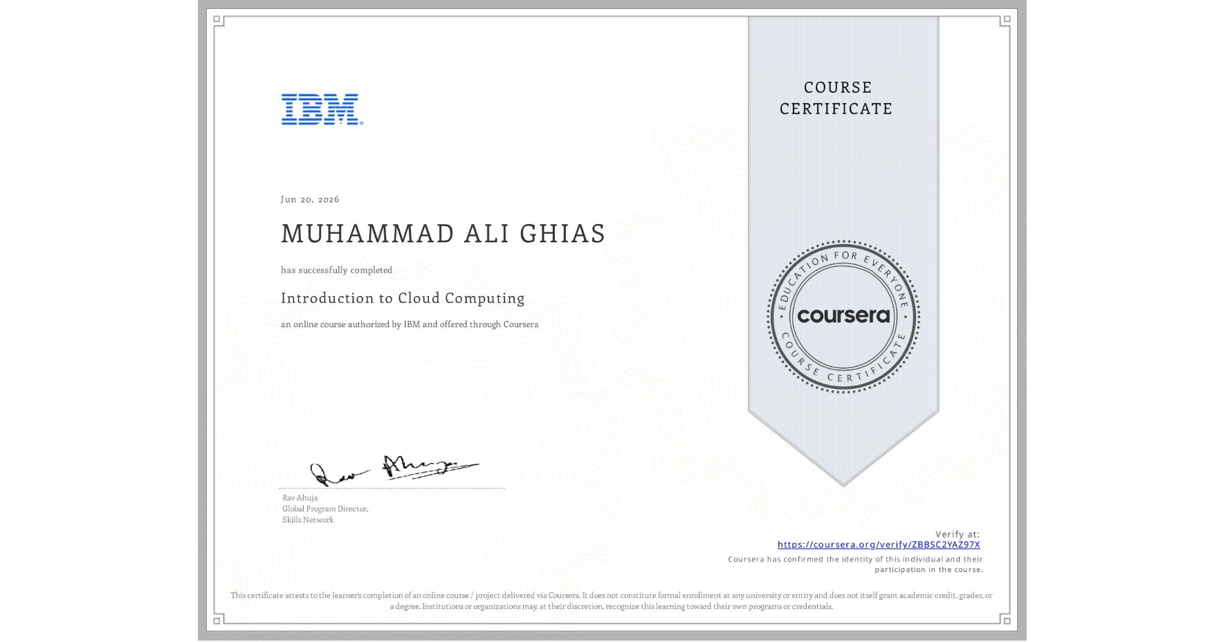 Introduction to Cloud Computing certificate