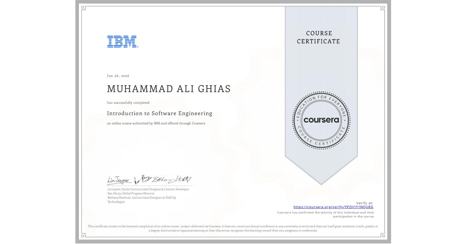 Introduction to Software Engineering certificate