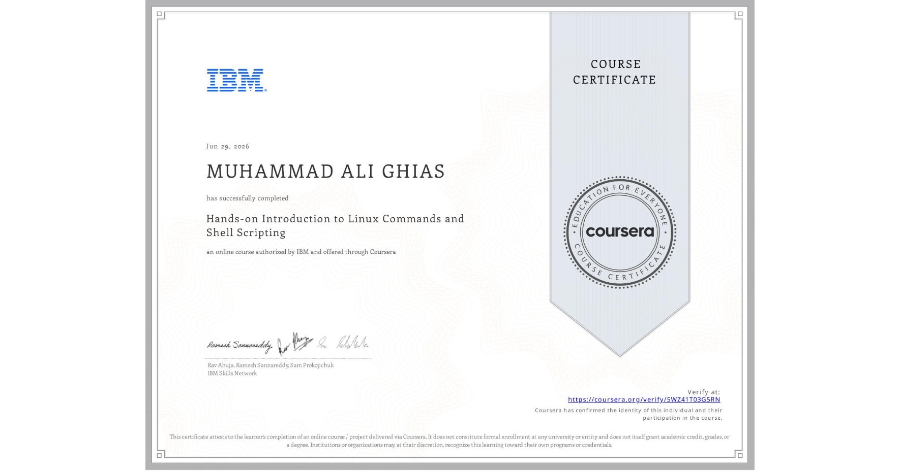 Hands-on Introduction to Linux Commands and Shell Scripting certificate