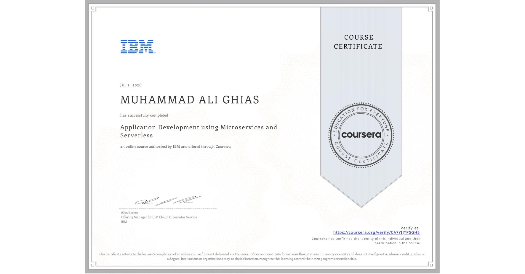 Application Development using Microservices and Serverless certificate