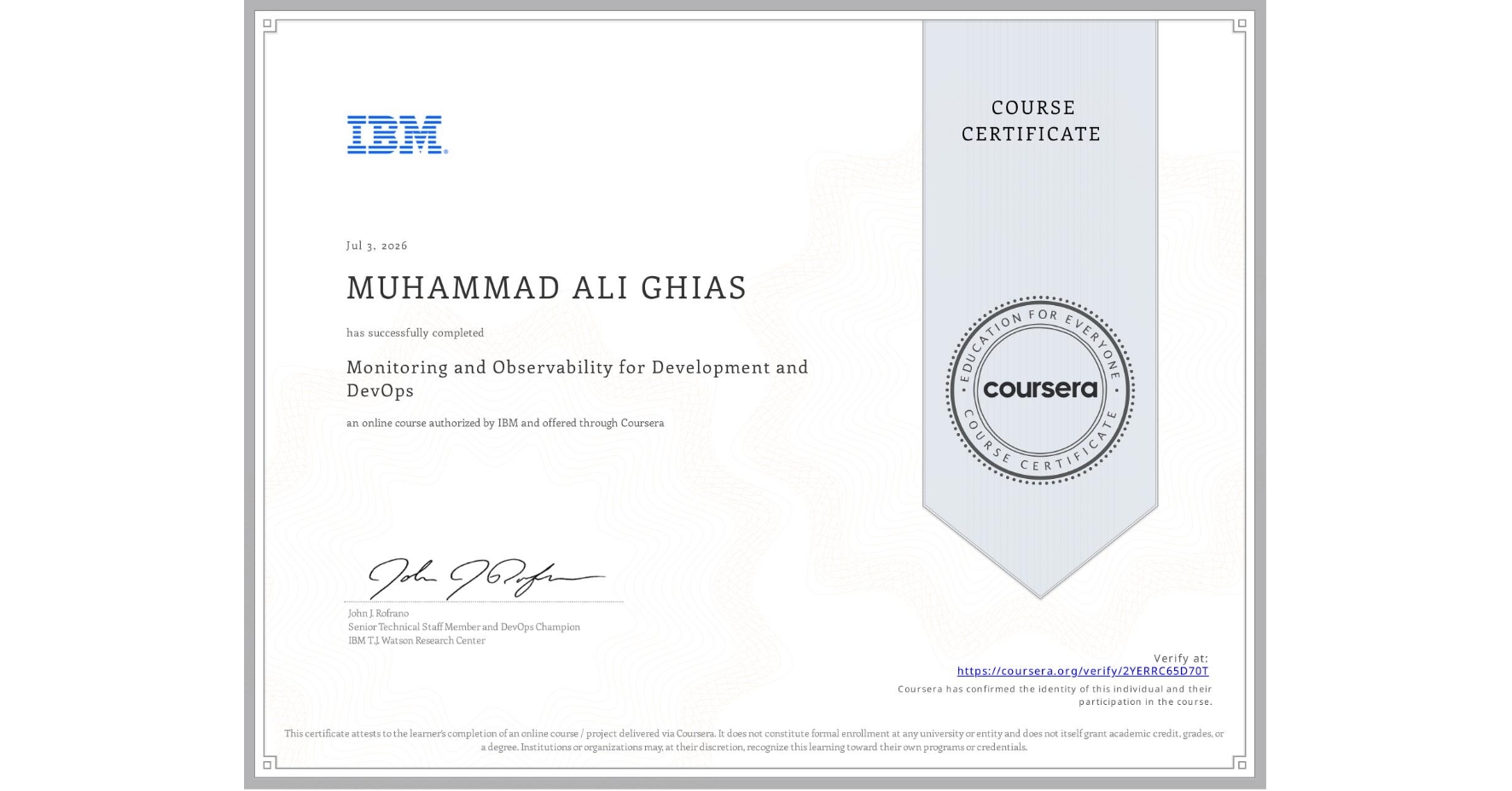 Monitoring and Observability for Development and DevOps certificate