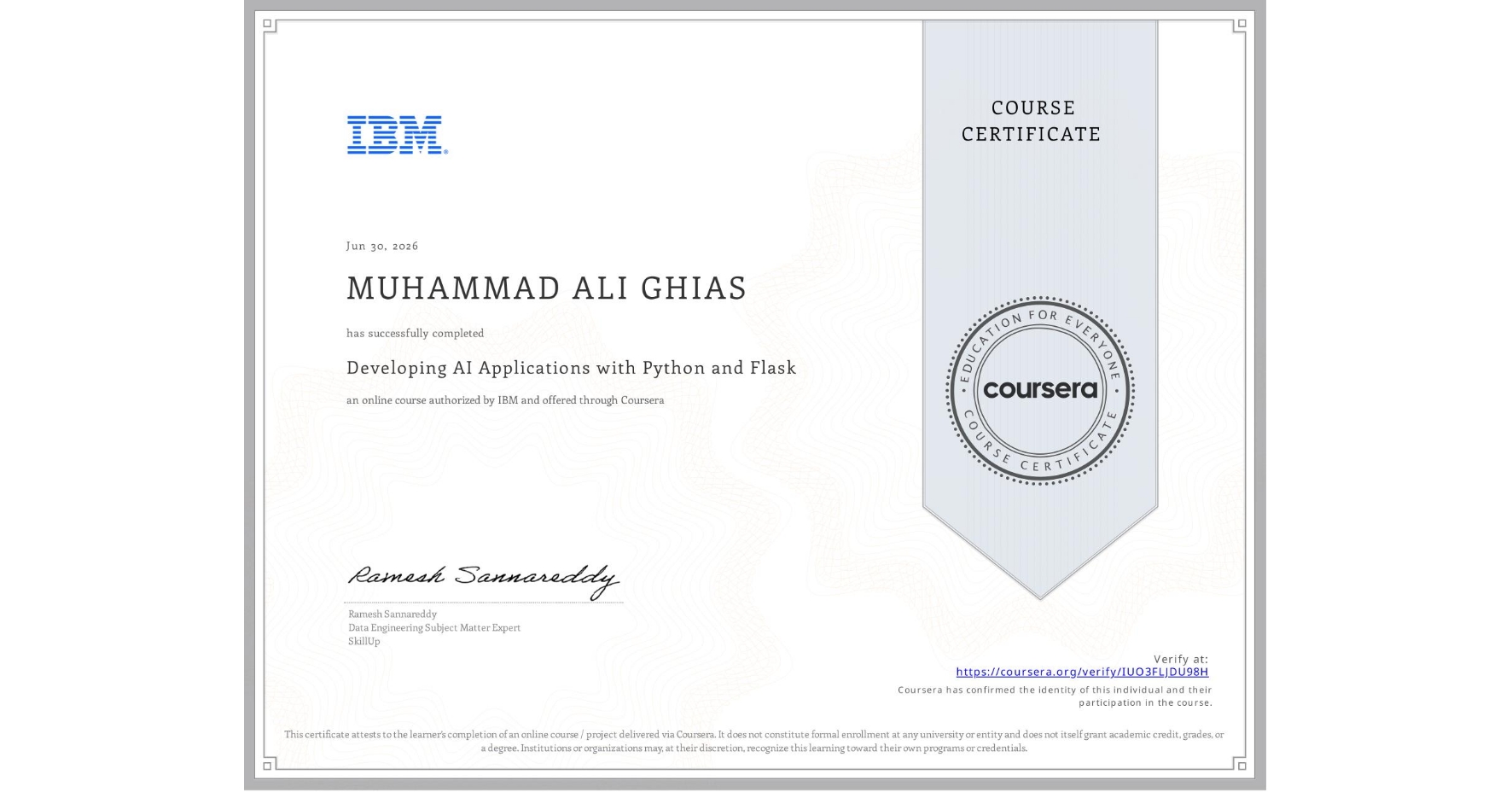 Developing AI Applications with Python and Flask certificate