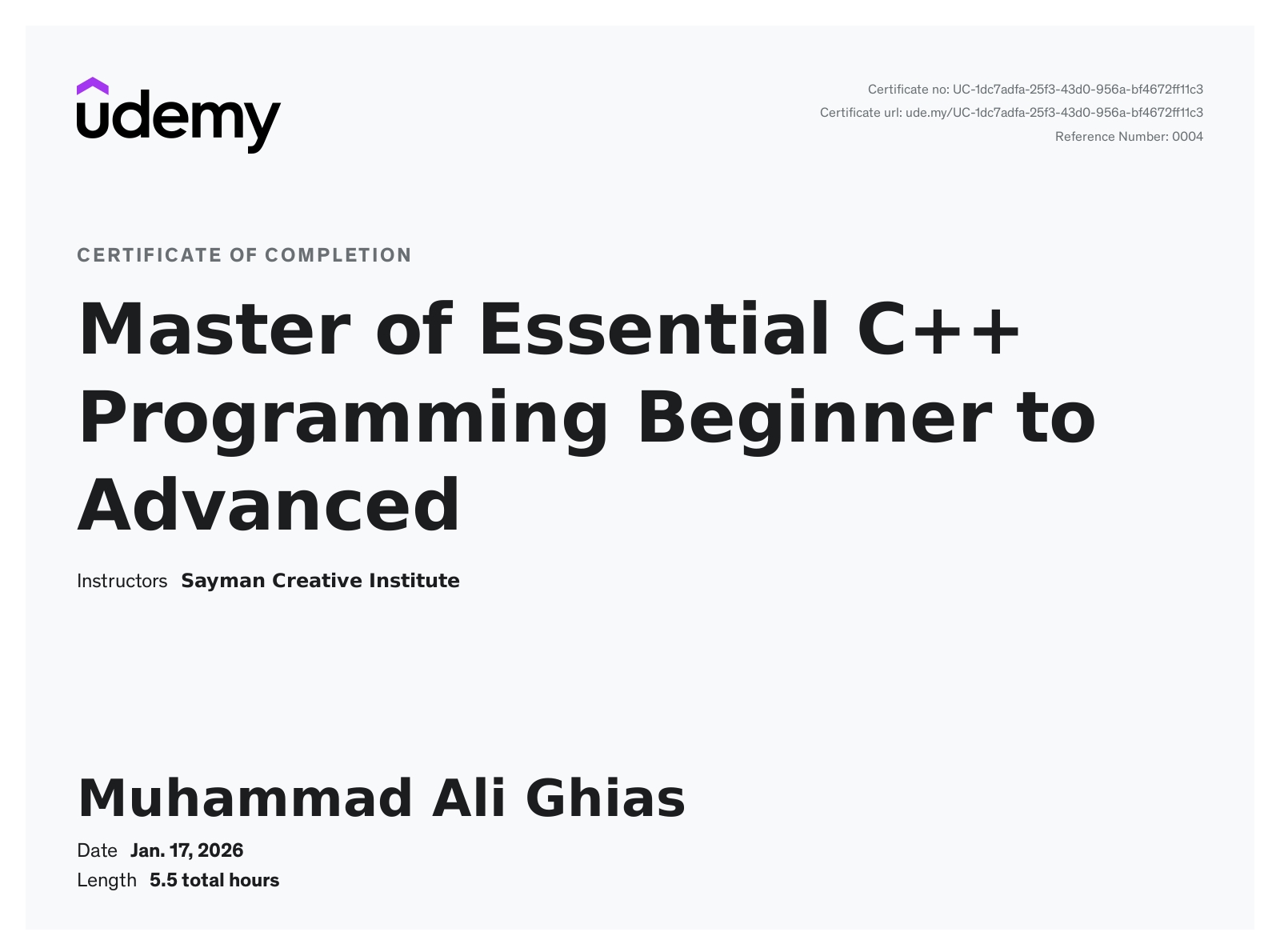 Master of Essential C++ Programming Beginner to Advanced certificate