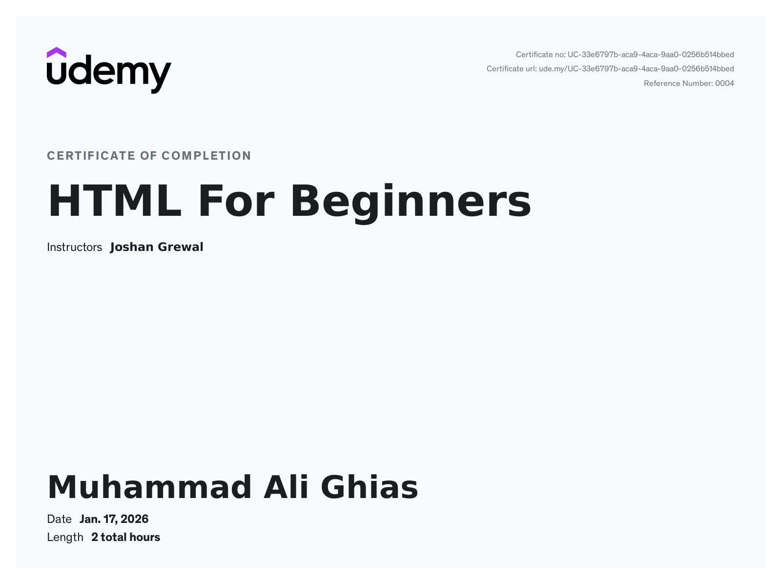 HTML For Beginners certificate