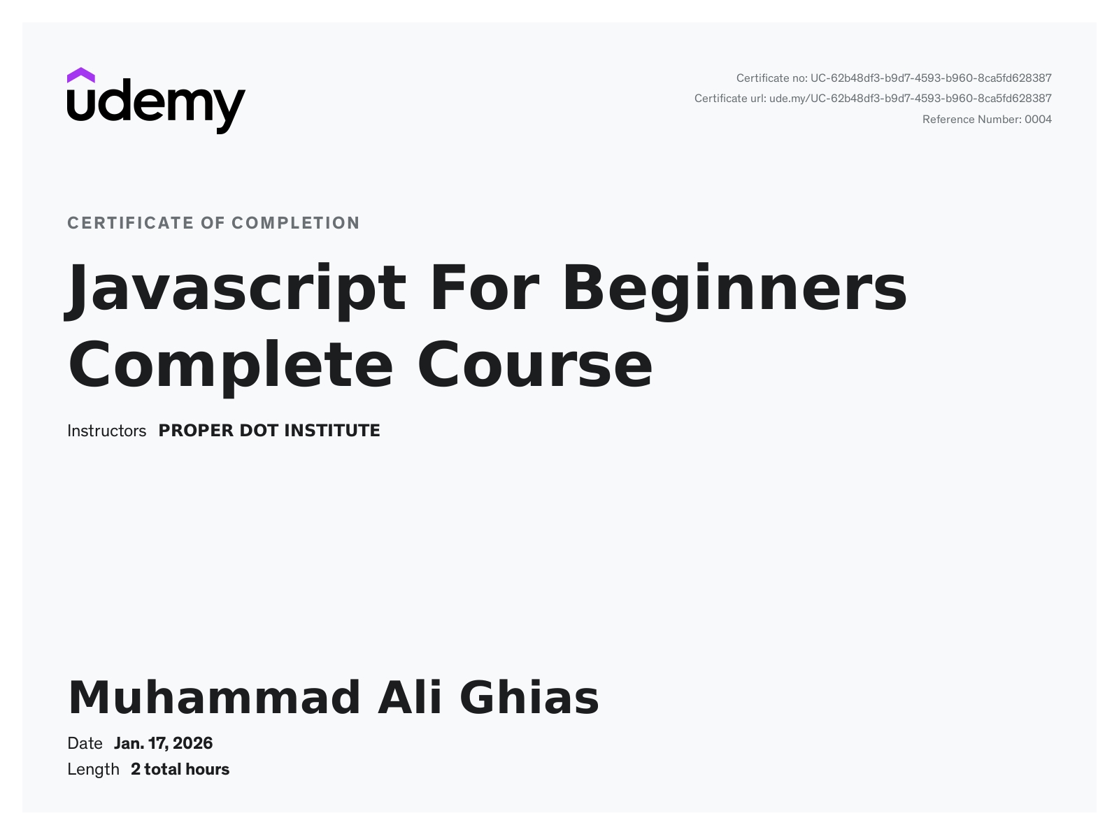 Javascript For Beginners certificate